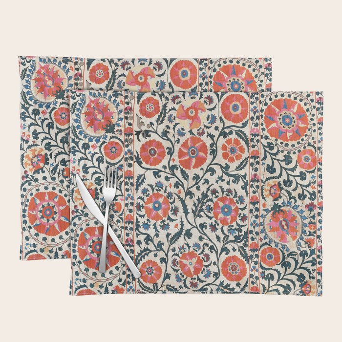 Shakhrisyabz Suzani  Uzbekistan Antique Floral Embroidery Print Placemat Gallery Image 1