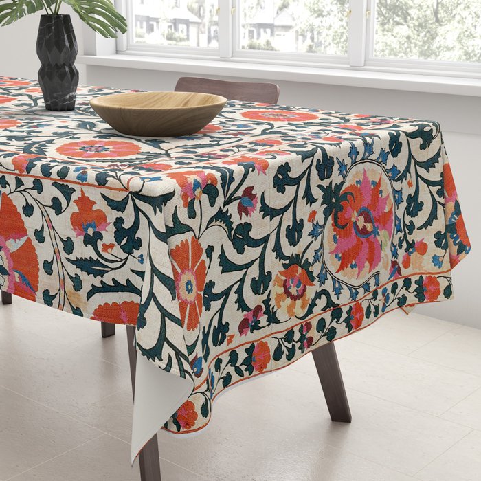 Shakhrisyabz Suzani  Uzbekistan Antique Floral Embroidery Print Tablecloth Gallery Image 3