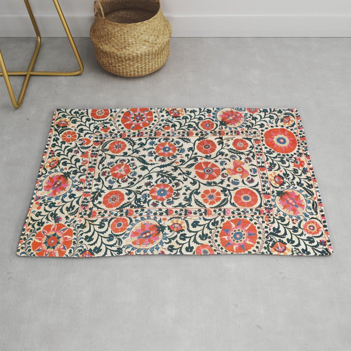 Shakhrisyabz Suzani  Uzbekistan Antique Floral Embroidery Print Rug Gallery Image 1
