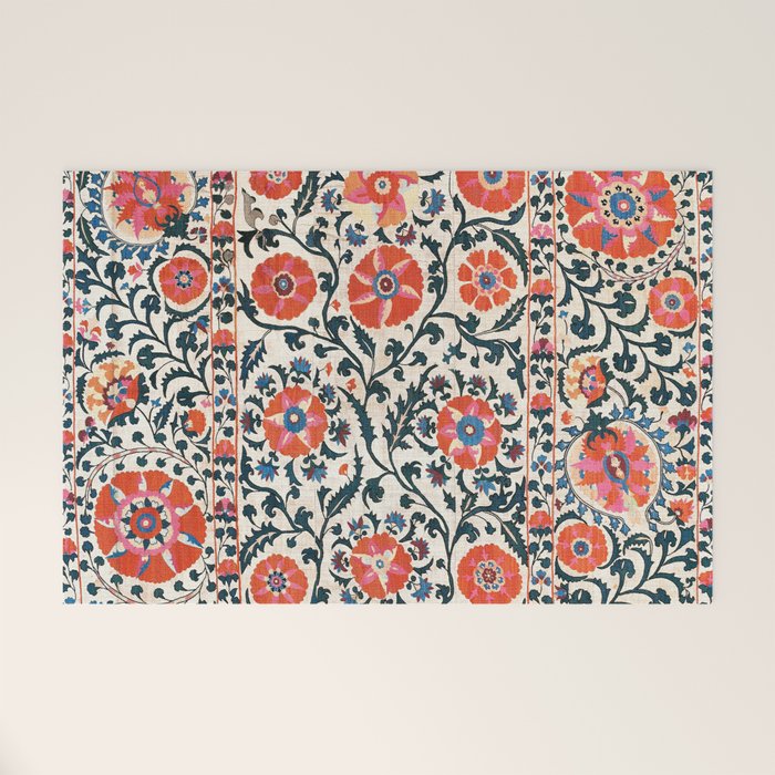 Shakhrisyabz Suzani  Uzbekistan Antique Floral Embroidery Print Welcome Mat Gallery Image 1
