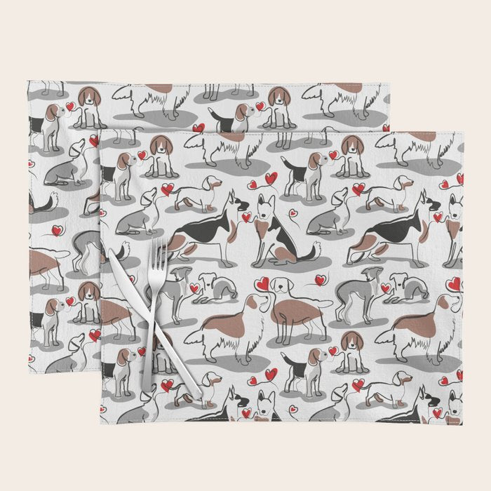 Woof endless love // white background red hearts continuous lined pair of dog breeds Placemat Gallery Image 1