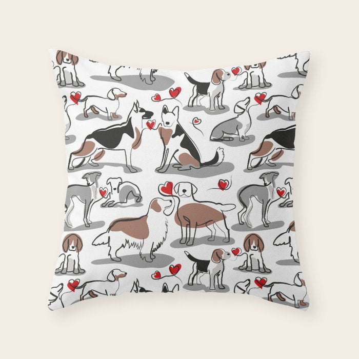 Woof endless love // white background red hearts continuous lined pair of dog breeds Throw Pillow Gallery Image 6