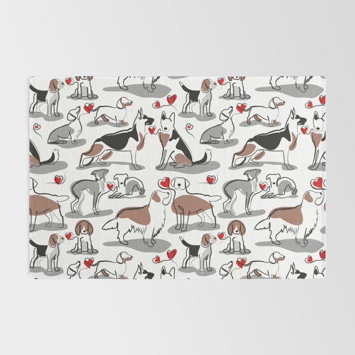 Woof endless love // white background red hearts continuous lined pair of dog breeds Rug Gallery Image 2