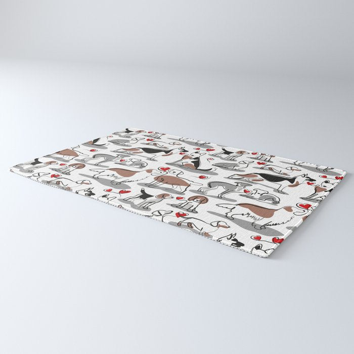 Woof endless love // white background red hearts continuous lined pair of dog breeds Rug Gallery Image 3