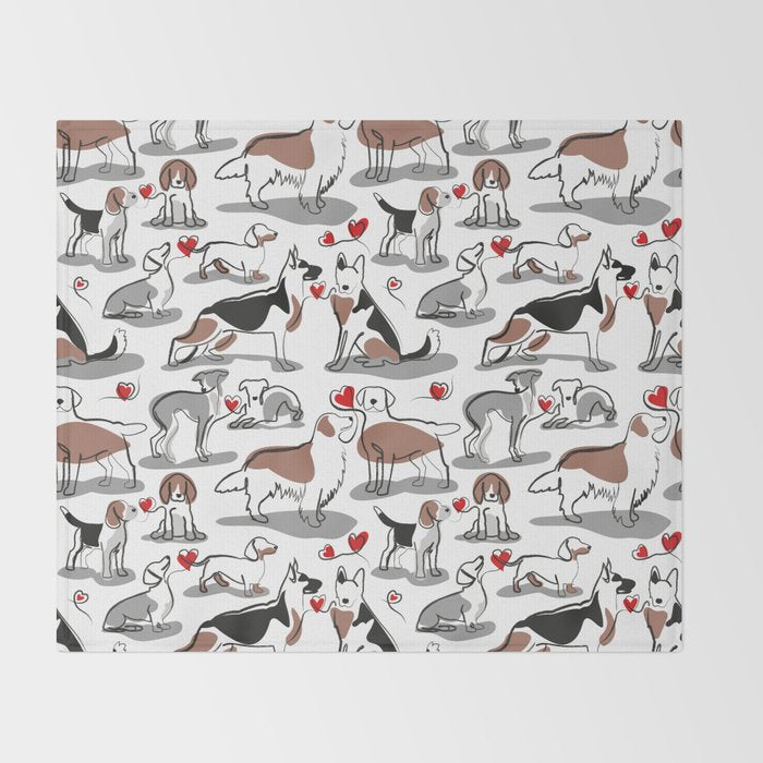 Woof endless love // white background red hearts continuous lined pair of dog breeds Throw Blanket Gallery Image 2