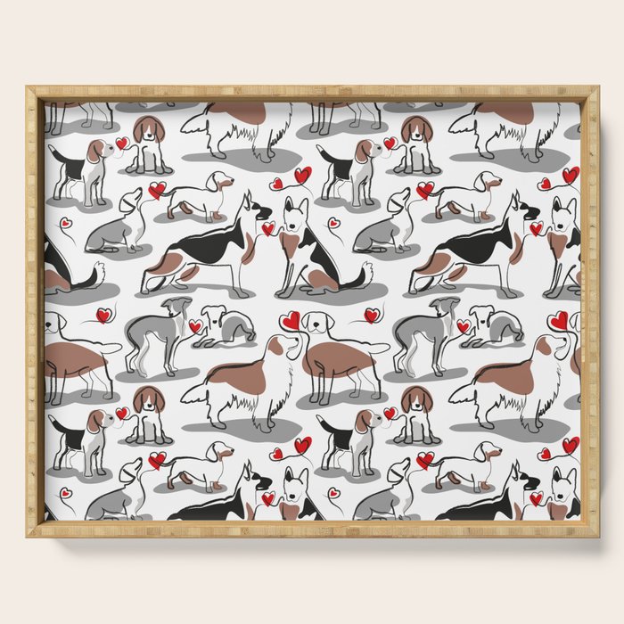 Woof endless love // white background red hearts continuous lined pair of dog breeds Serving Tray Gallery Image 1