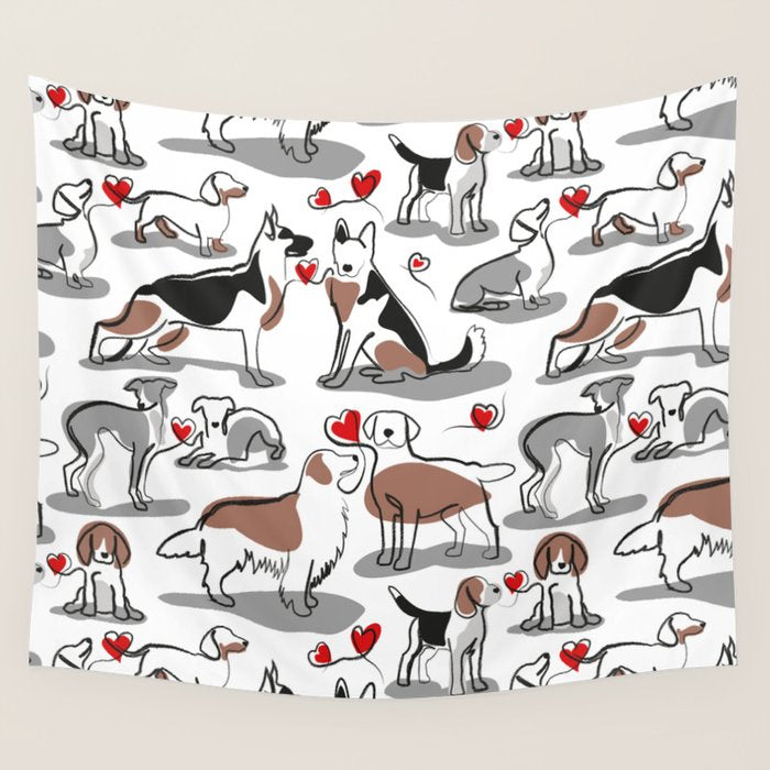 Woof endless love // white background red hearts continuous lined pair of dog breeds Wall Tapestry Gallery Image 4