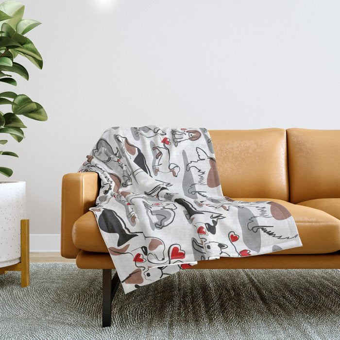 Woof endless love // white background red hearts continuous lined pair of dog breeds Throw Blanket Gallery Image 1