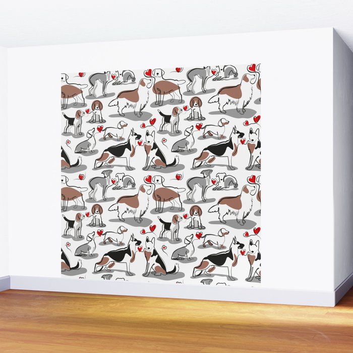Woof endless love // white background red hearts continuous lined pair of dog breeds Wall Mural Gallery Image 2
