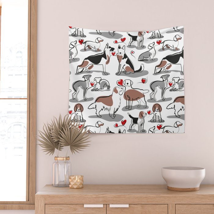 Woof endless love // white background red hearts continuous lined pair of dog breeds Wall Tapestry Gallery Image 2