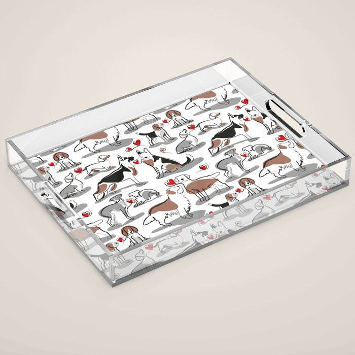 Woof endless love // white background red hearts continuous lined pair of dog breeds Acrylic Tray Gallery Image 1