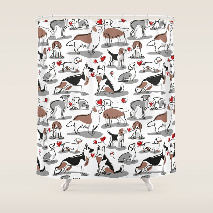 Woof endless love // white background red hearts continuous lined pair of dog breeds Shower Curtain Gallery Image 1