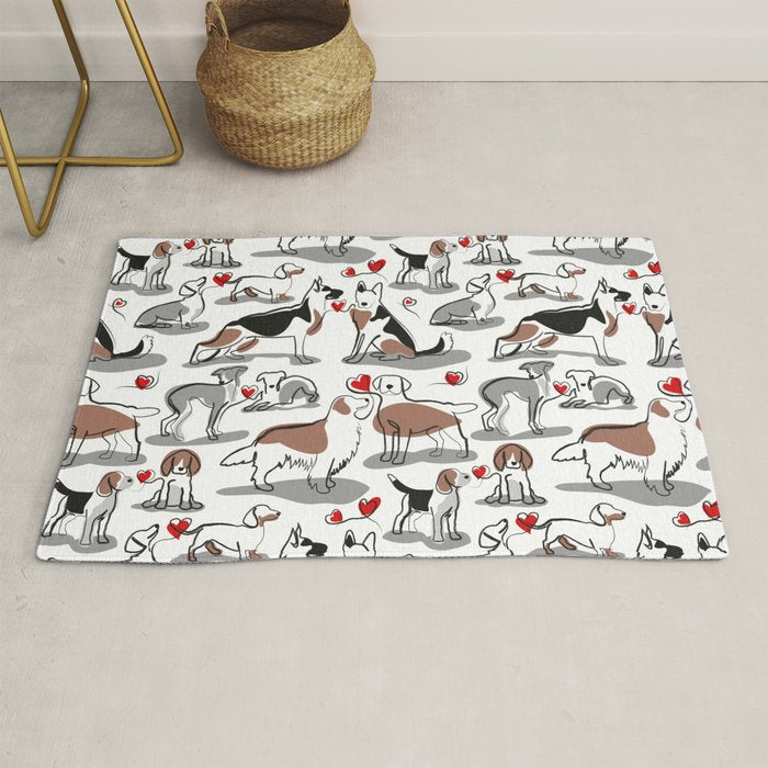 Woof endless love // white background red hearts continuous lined pair of dog breeds Rug Gallery Image 1
