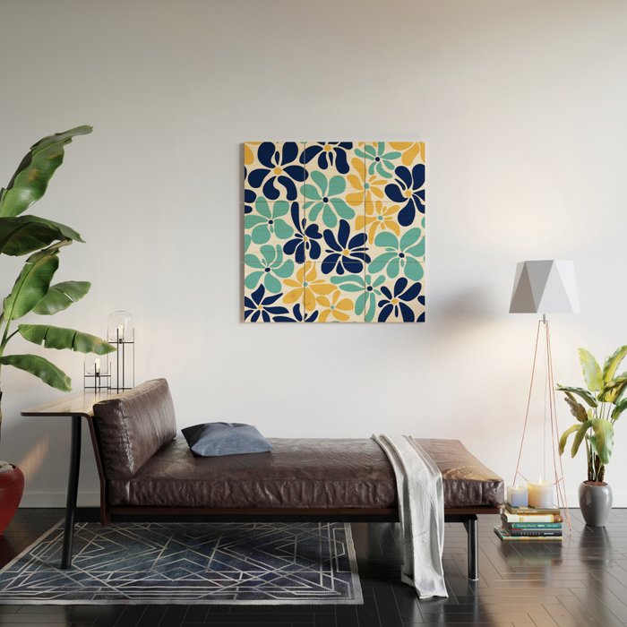 Abstract Flower, Yellow, Navy, Teal Wood Wall Art Gallery Image 2