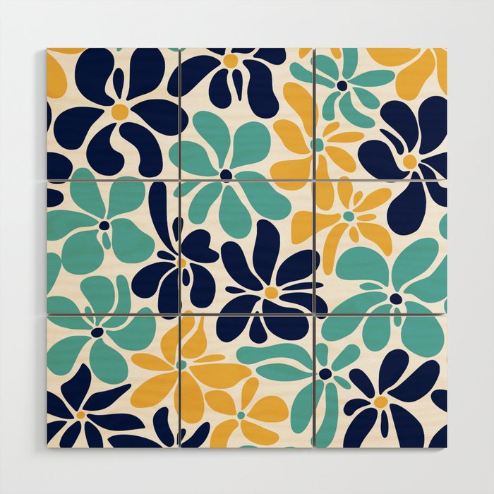 Abstract Flower, Yellow, Navy, Teal Wood Wall Art Gallery Image 1