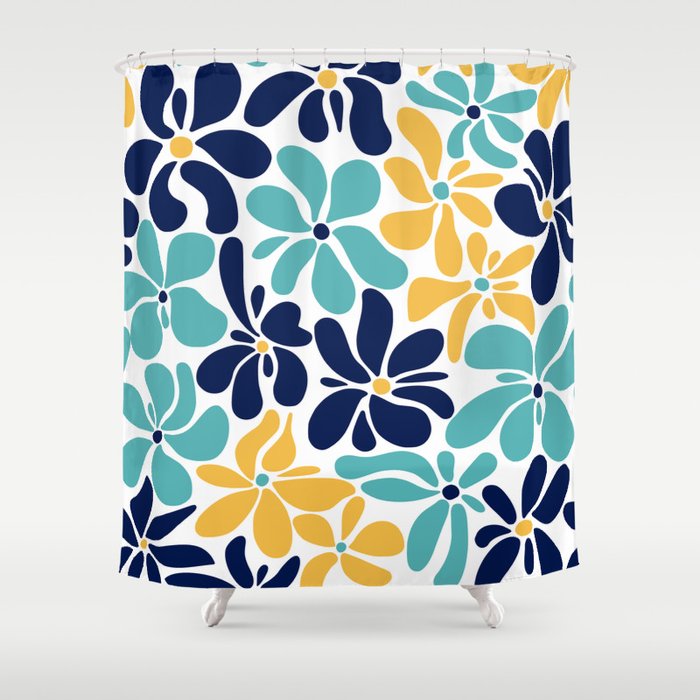 Abstract Flower, Yellow, Navy, Teal Shower Curtain Gallery Image 1