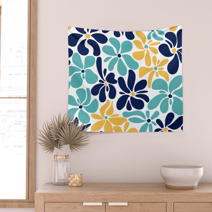 Abstract Flower, Yellow, Navy, Teal Wall Tapestry Gallery Image 2