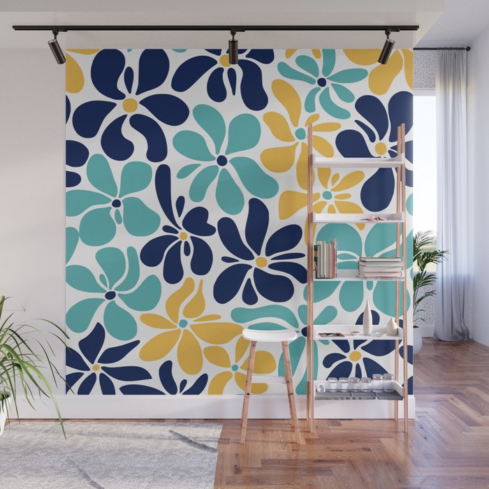Abstract Flower, Yellow, Navy, Teal Wall Mural Gallery Image 1