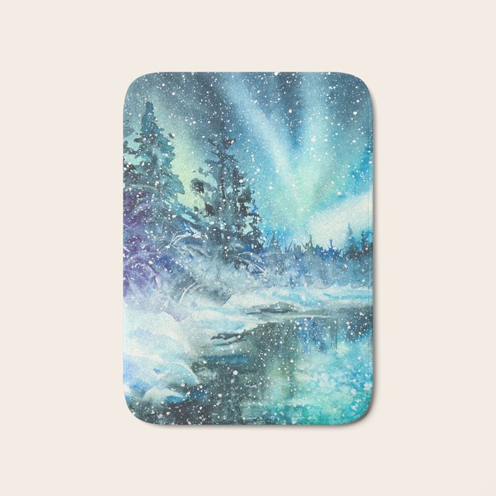 Snowy Northern Lights Forest Landscape Bath Mat Gallery Image 1
