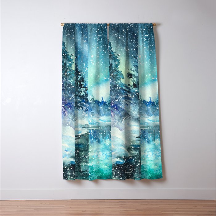 Snowy Northern Lights Forest Landscape Window Curtain Gallery Image 3