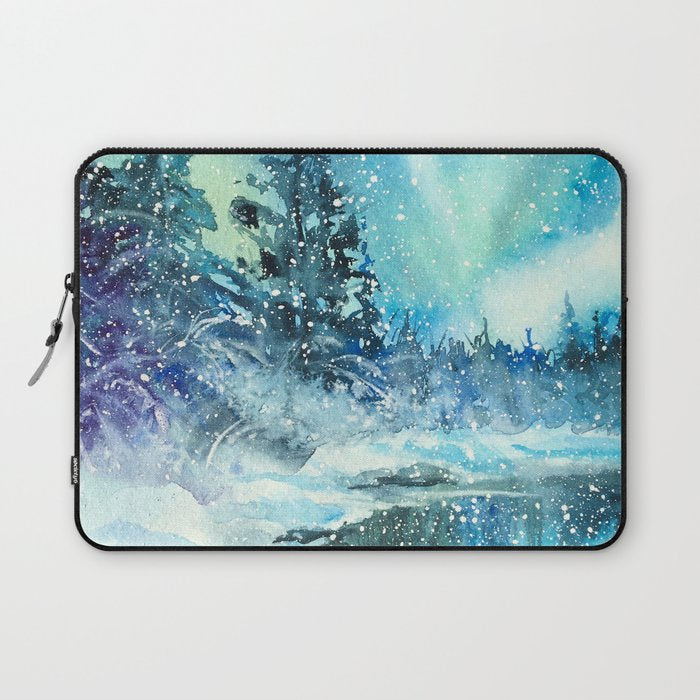 Snowy Northern Lights Forest Landscape Laptop Sleeve Gallery Image 1