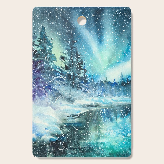 Snowy Northern Lights Forest Landscape Cutting Board Gallery Image 1