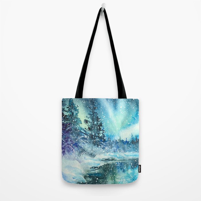 Snowy Northern Lights Forest Landscape Tote Bag Gallery Image 2