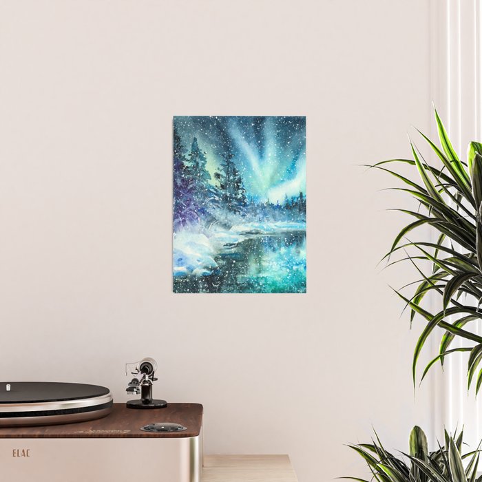 Snowy Northern Lights Forest Landscape Poster Gallery Image 2