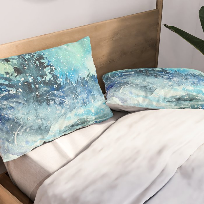 Snowy Northern Lights Forest Landscape Pillow Sham Gallery Image 2