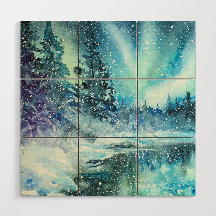 Snowy Northern Lights Forest Landscape Wood Wall Art Gallery Image 1