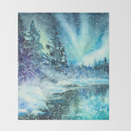 Snowy Northern Lights Forest Landscape Throw Blanket Gallery Image 2