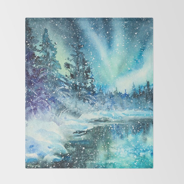 Snowy Northern Lights Forest Landscape Throw Blanket Gallery Image 2