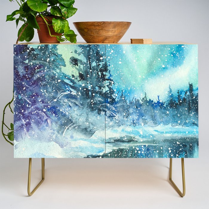 Snowy Northern Lights Forest Landscape Credenza Gallery Image 1