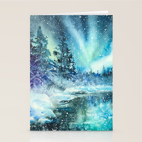 Snowy Northern Lights Forest Landscape Stationery Card Gallery Image 2