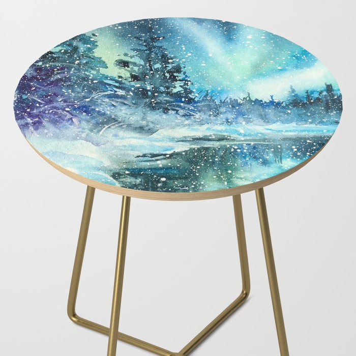Snowy Northern Lights Forest Landscape Side Table Gallery Image 2