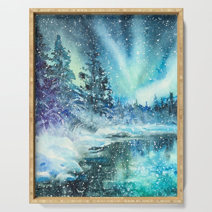 Snowy Northern Lights Forest Landscape Serving Tray Gallery Image 1