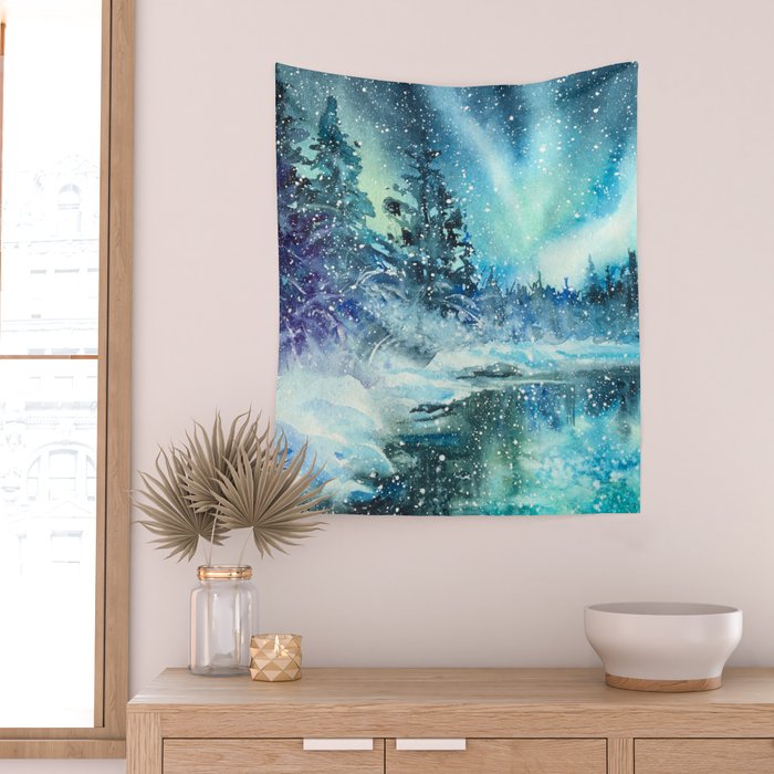 Snowy Northern Lights Forest Landscape Wall Tapestry Gallery Image 2