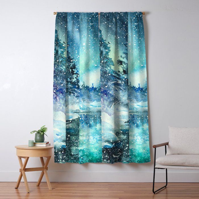 Snowy Northern Lights Forest Landscape Window Curtain Gallery Image 1