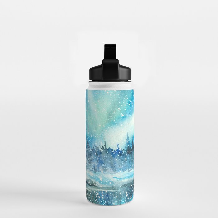 Snowy Northern Lights Forest Landscape Water Bottle Gallery Image 2