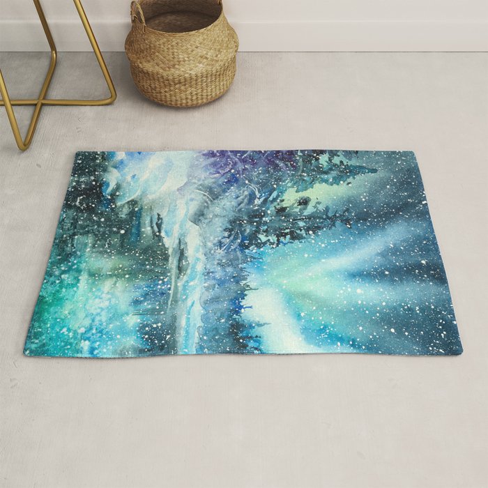 Snowy Northern Lights Forest Landscape Rug Gallery Image 1