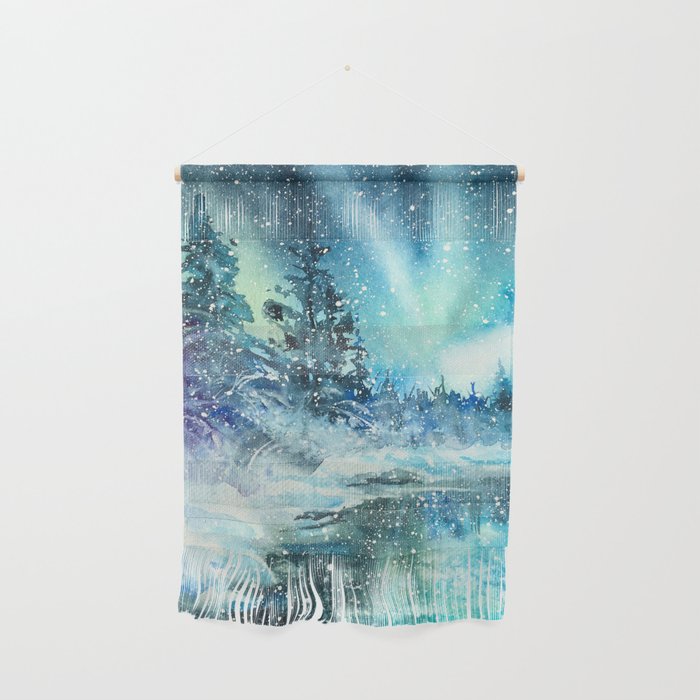 Snowy Northern Lights Forest Landscape Wall Hanging Gallery Image 1