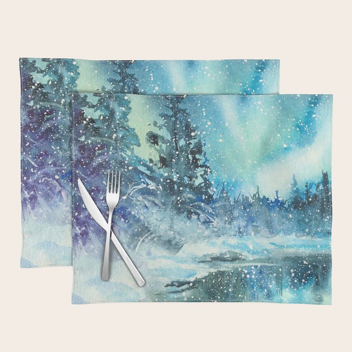 Snowy Northern Lights Forest Landscape Placemat Gallery Image 1