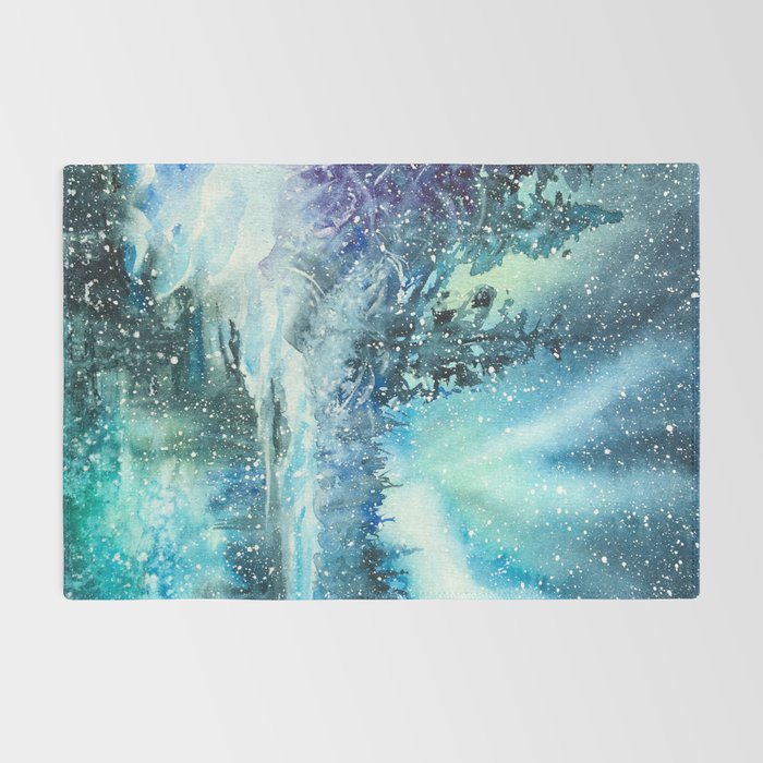 Snowy Northern Lights Forest Landscape Rug Gallery Image 2