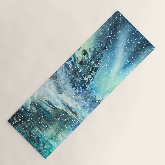 Snowy Northern Lights Forest Landscape Yoga Mat Gallery Image 1