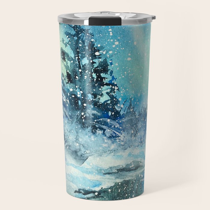 Snowy Northern Lights Forest Landscape Travel Mug Gallery Image 1