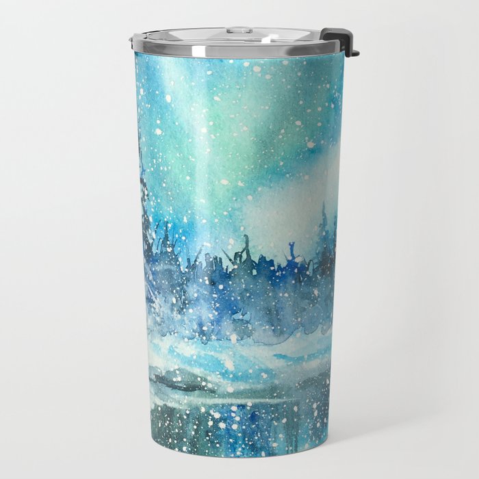Snowy Northern Lights Forest Landscape Travel Mug Gallery Image 2