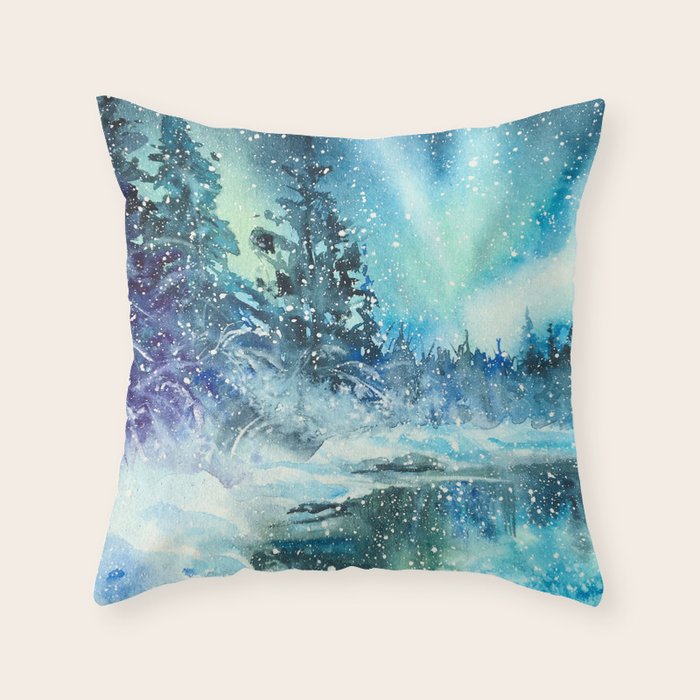 Snowy Northern Lights Forest Landscape Throw Pillow Gallery Image 1