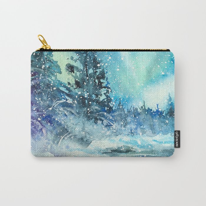 Snowy Northern Lights Forest Landscape Carry All Pouch Gallery Image 1