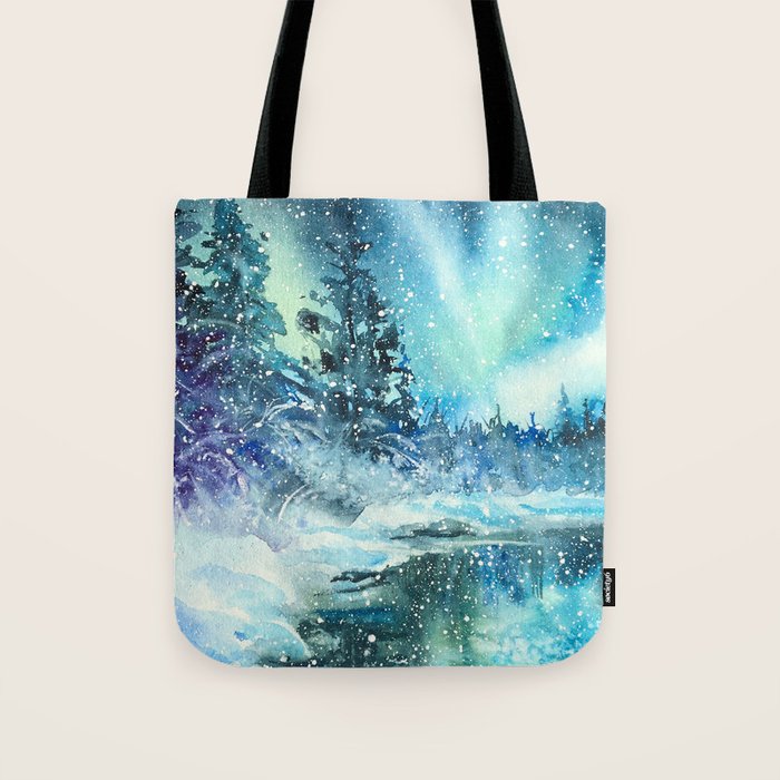 Snowy Northern Lights Forest Landscape Tote Bag Gallery Image 1