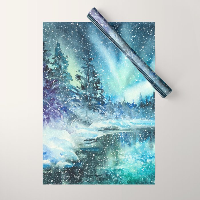 Snowy Northern Lights Forest Landscape Wrapping Paper Gallery Image 1